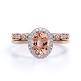 Art Deco Style 1.50 Carat Oval Cut Peach Morganite and Diamond Halo Wedding Set in Rose Gold