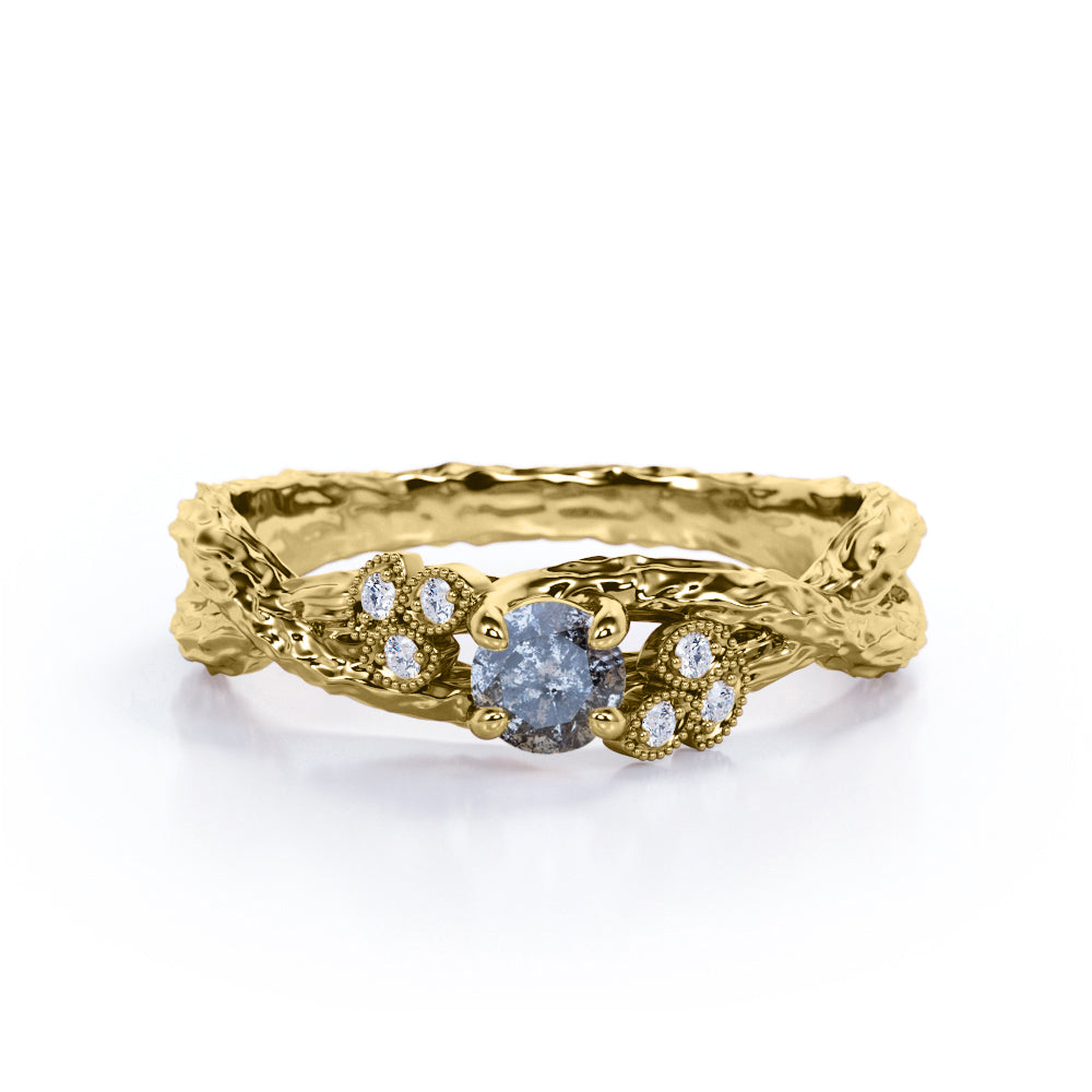 Twig 4 Claws 0.60 Carat Round Cut Dendritic Black Rutilated Quartz and Diamond Leaf Art Deco Earthy Engagement Ring