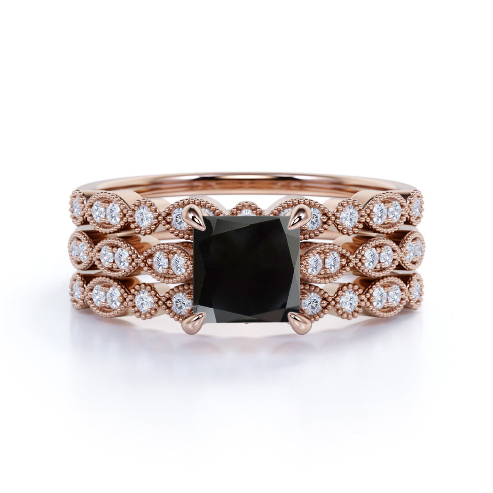 1.75 Carat Princess cut Lab Black Diamond Trio Wedding Ring Set for Women in White Gold