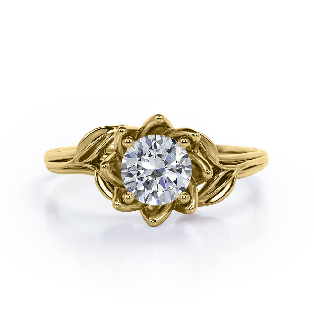 Floral Pattern 1 Carat Round Cut Moissanite Solitaire Nature Inspired Engagement Ring In Rose Gold