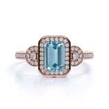 Perfect 1.50 Carat emerald cut Aquamarine and Diamond Halo Engagement Ring in Rose Gold