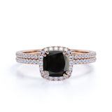 Beautiful 1.75 Carat Cushion cut Lab Black Diamond Halo Wedding Ring Set in Rose Gold
