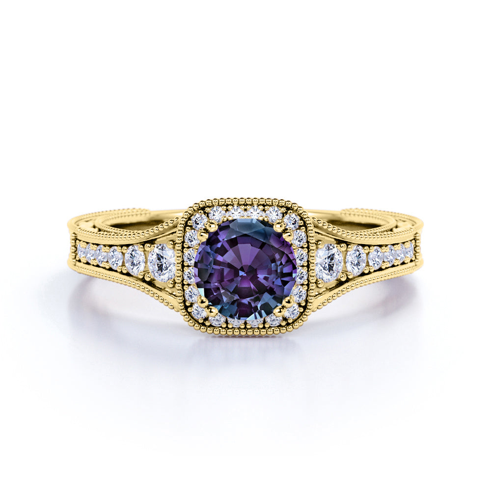 Vintage Filigree 1.35 Carat Round Cut Lab Created Alexandrite And Diamond Eight Prong Halo Engagement  Ring In White Gold