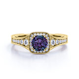 Vintage Filigree 1.35 Carat Round Cut Lab Created Alexandrite And Diamond Eight Prong Halo Engagement  Ring In White Gold