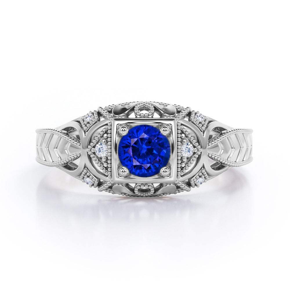 Art Deco Style 1.05 Carat Round Cut Sapphire And Diamond Square Framed Vintage Filigree Engagement Ring In Rose Gold