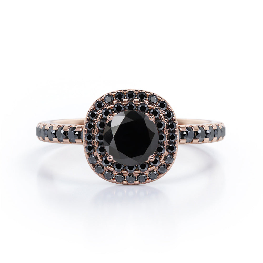 Cushion Double Halo - 1.5 TCW Round Cut Lab Created Black Diamond - Engagement Ring with Pave Accents in White Gold