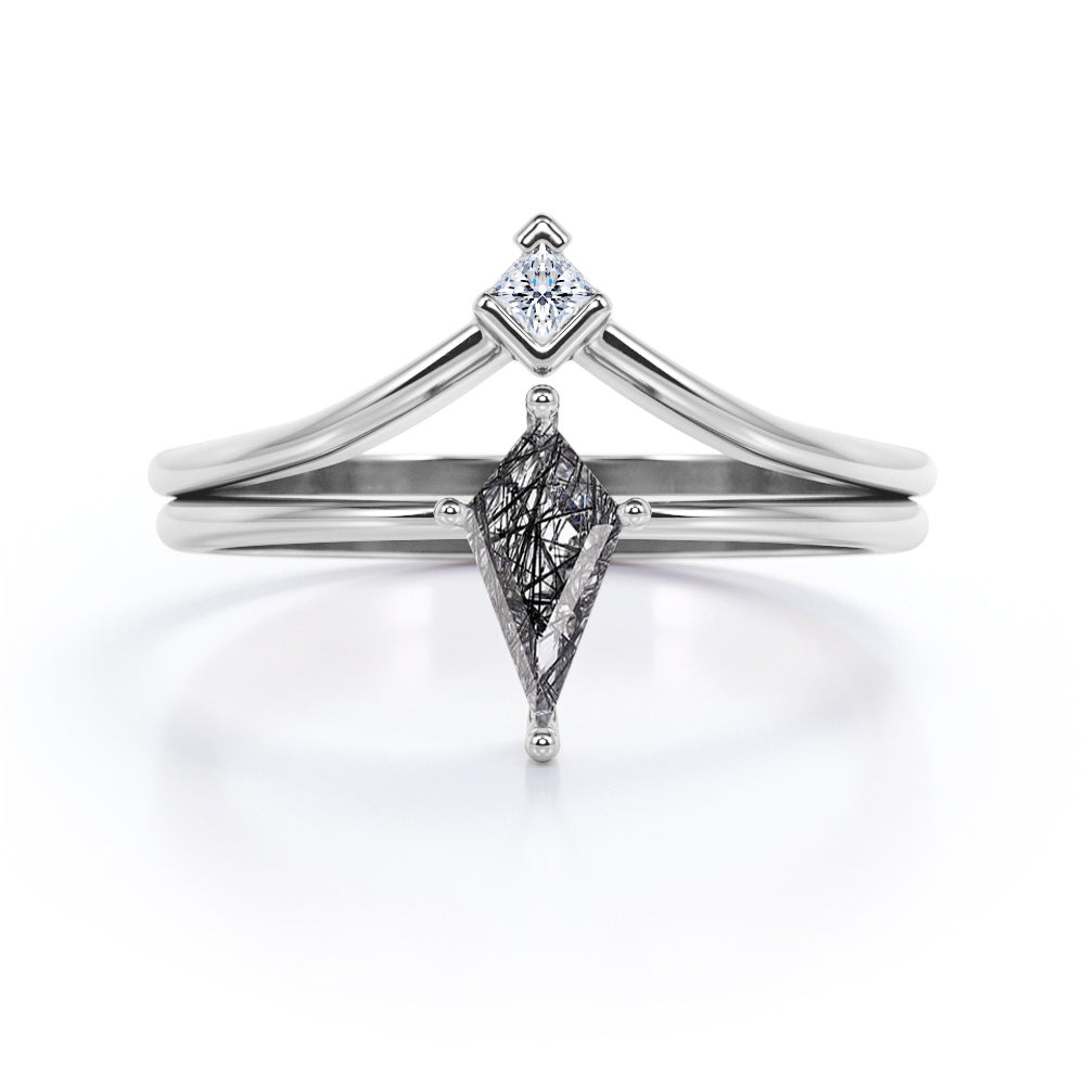 Elongated Four Prong 1.05 Carat Kite Shaped Dendritic Black Rutilated Quartz And Diamond Chevron Wedding Set In White Gold