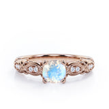 Decorative Basket Prong 0.5 carat Round Moonstone and Diamond Nature-Inspired Ring in Rose Gold