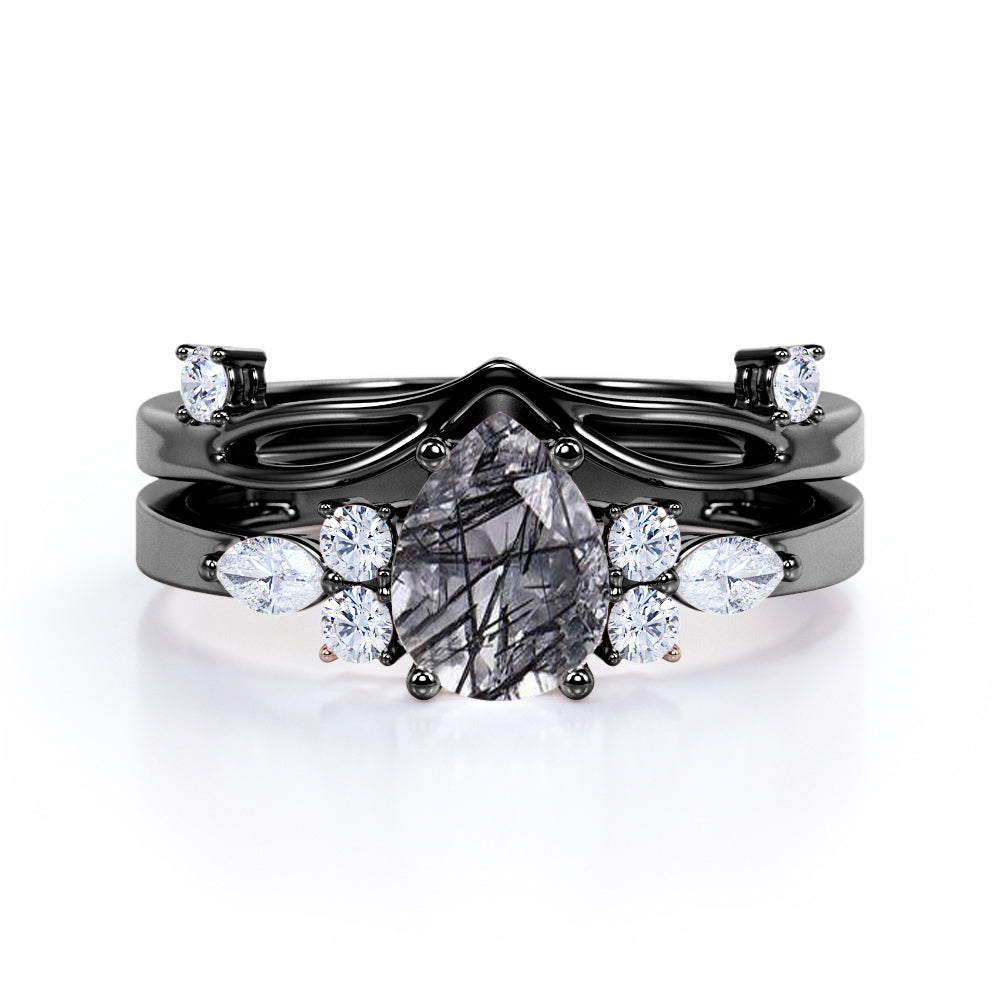 Seven Stone 1.45 ct Pear Black Rutilated Quartz Bridal Set