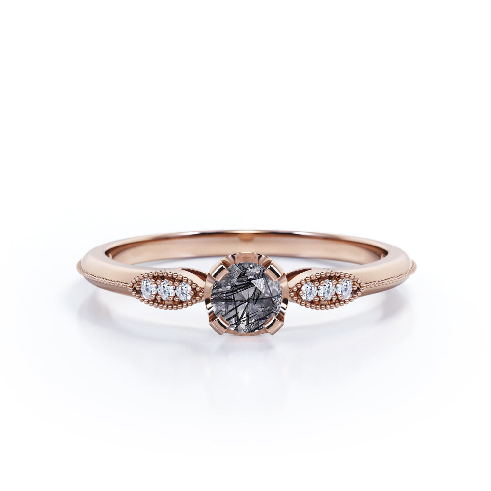 Modern 4 Prong Basket 1.50 Carat Round Cut Dendritic Black Rutilated Quartz and Diamond Pave Milgrain Engagement Ring in White Gold