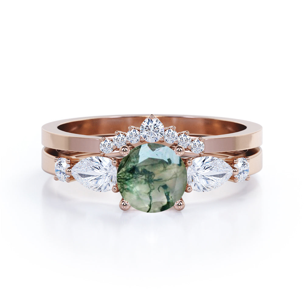 Contour Crown 0.8 Carat Round Moss Agate Bridal Set