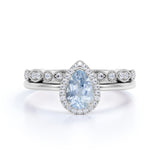 Halo 1.50 ct Pear Cut Aquamarine Vintage Bridal Set
