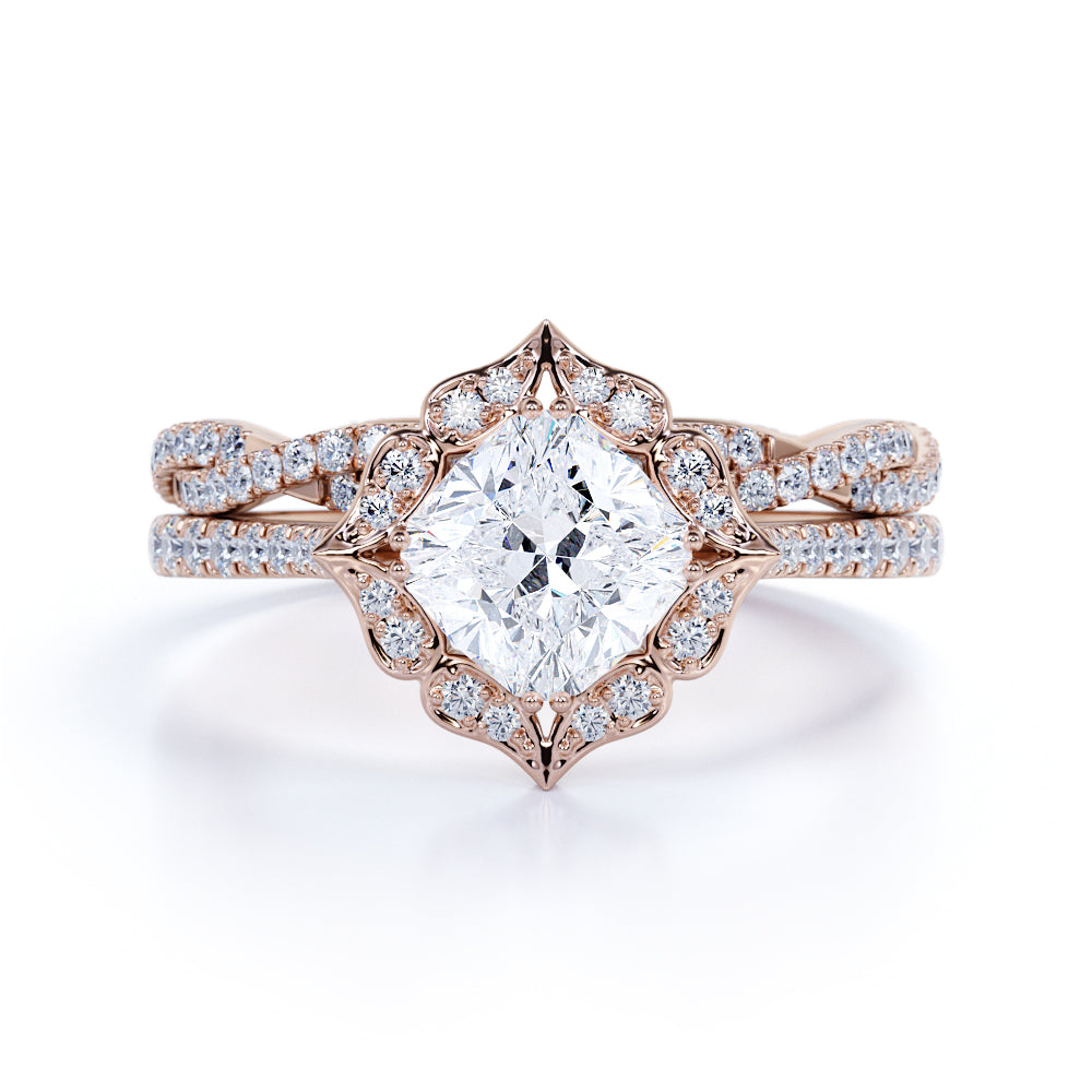 1.5 Carat Cushion Cut Moissanite and Diamond Wedding Ring Set in 10k R ...