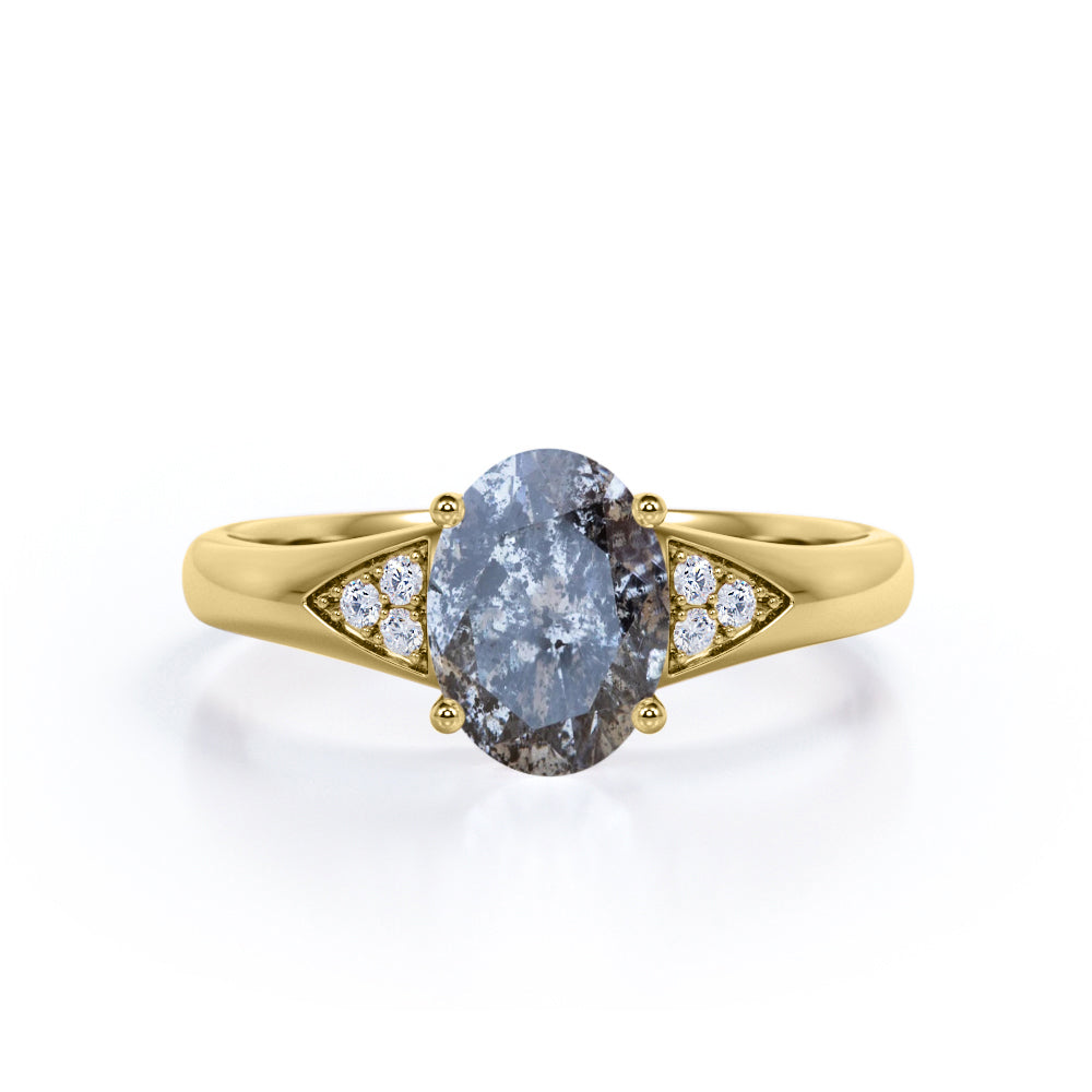 Tapered Prong Setting 1.15 Carat Oval Cut Druzy Black Rutilated Quartz and Diamond 7 Stone Classic Engagement Ring