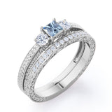 1.15 Carat Princess Cut Aquamarine And Diamond Three Stone Wedding Ring Set In White Gold