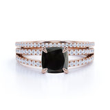Unique 1.75 Carat Cushion cut Lab Black Diamond Bridal Set with semi eternity band in Rose Gold