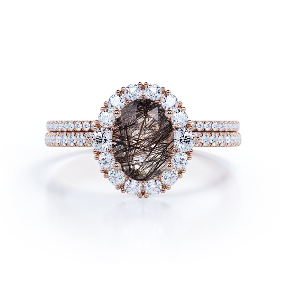 Snowflake Nature-Inspired 1.75 Carat Oval Cut Genuine Dendritic Black Rutilated Quartz and Diamond Halo Cluster Wedding Ring Sets for Women