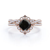 1.50 carat cushion cut Black Diamond infinity bridal set in white gold