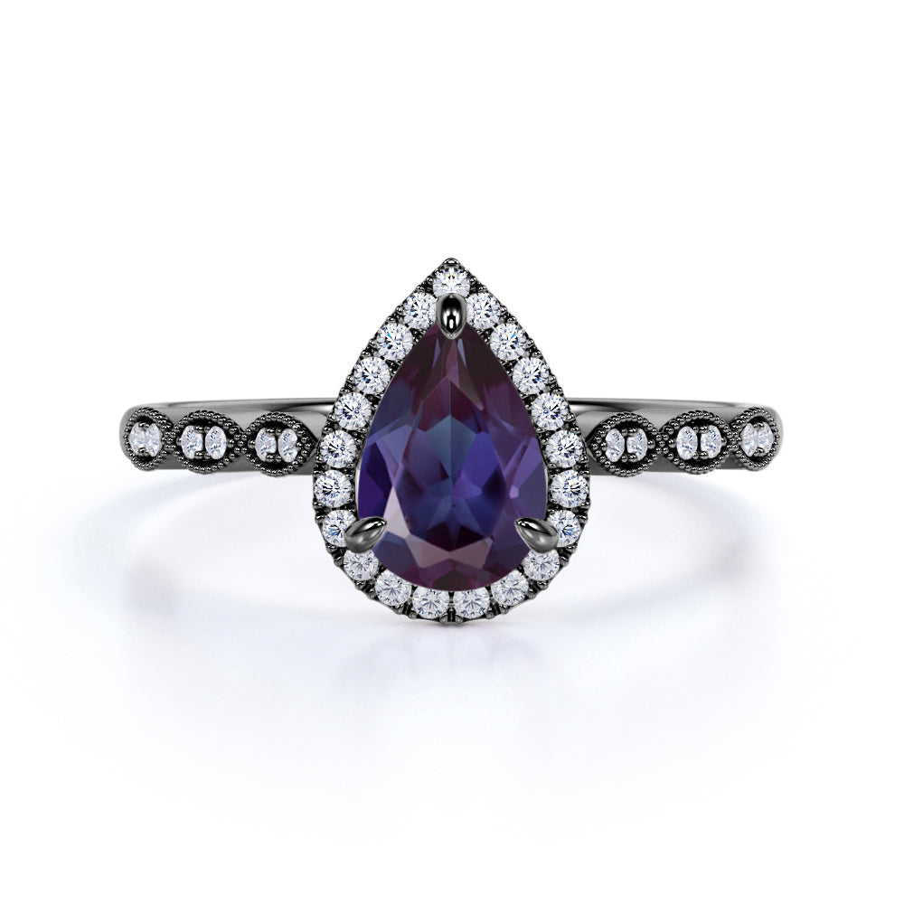 Bezel Halo 1.50 Carat Pear Shape Lab Created Alexandrite and Diamond Marquise Dot Art Deco Engagement Ring