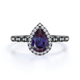 Bezel Halo 1.50 Carat Pear Shape Lab Created Alexandrite and Diamond Marquise Dot Art Deco Engagement Ring