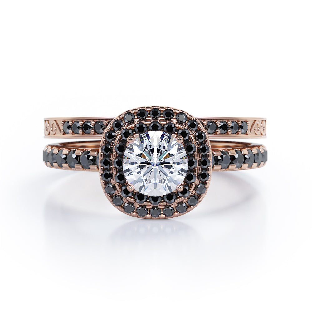 Cushion Double Halo 1.75 TCW Round Brilliant Cut Moissanite with Lab Created Black Diamond Bridal Set with Pave Accents in Black Gold