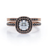 Cushion Double Halo 1.75 TCW Round Brilliant Cut Moissanite with Lab Created Black Diamond Bridal Set with Pave Accents in Black Gold