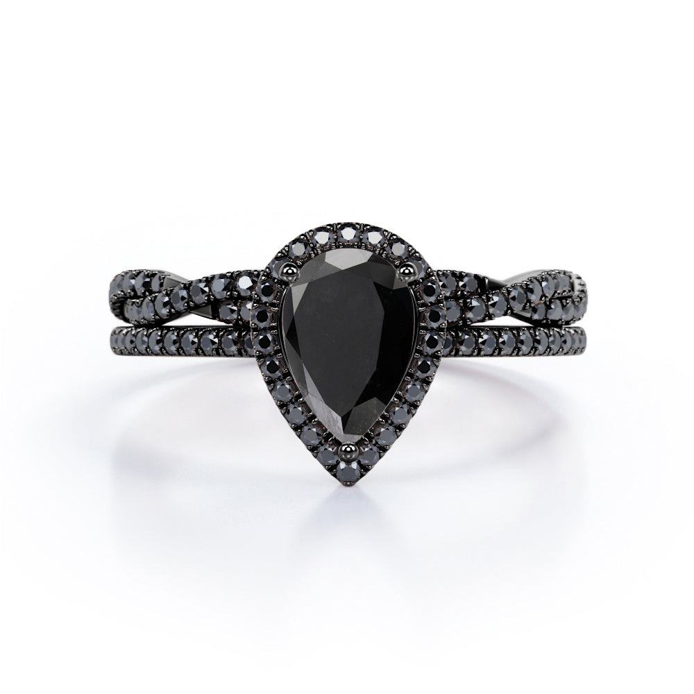 1.75 TCW Pear Shape Lab Created Black Diamond - Pave Setting - Crossover Eternity Wedding Set in White Gold