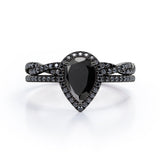1.75 TCW Pear Shape Lab Created Black Diamond - Pave Setting - Crossover Eternity Wedding Set in White Gold