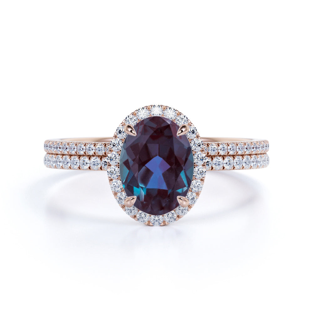 4 Prong Halo 1.75 Carat Oval Cut Lab Grown Alexandrite and Diamond Pave Wedding Ring Sets