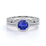 2 Carat Round Cut Sapphire and Diamond Trio Bridal Ring Set in 10k White Gold Splendid Ring