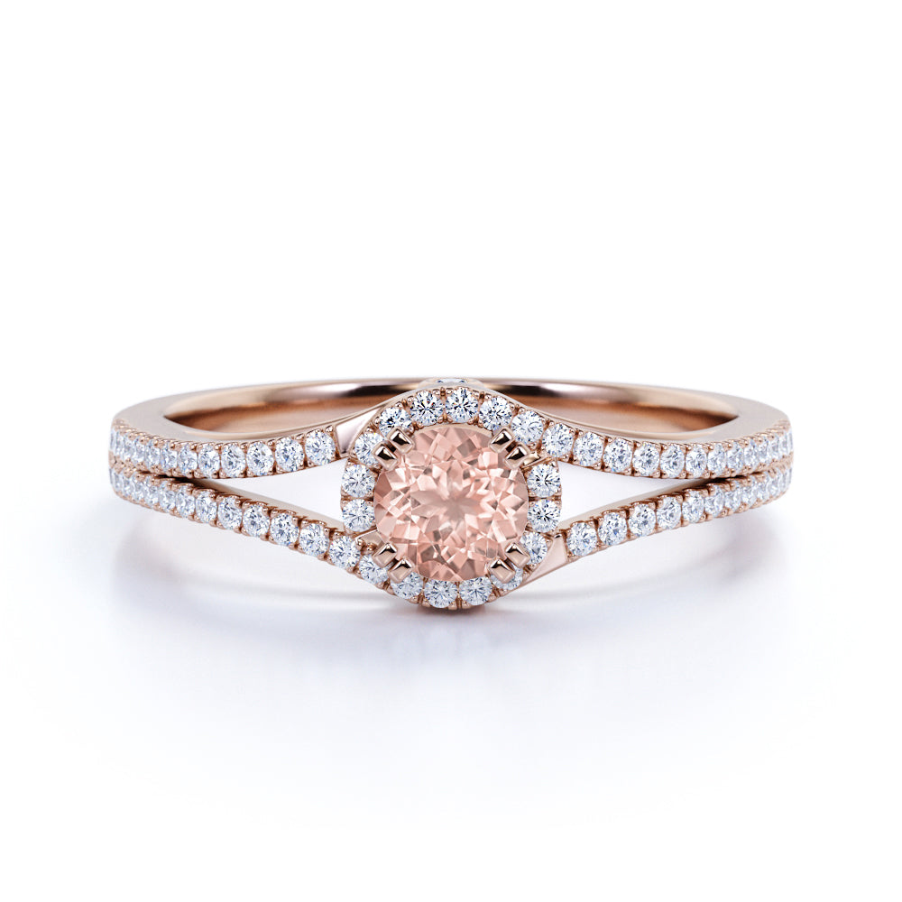 Split Shank 1.50 Carat Round Baby Peach Morganite and Diamond Fishtail Engagement Ring in White Gold