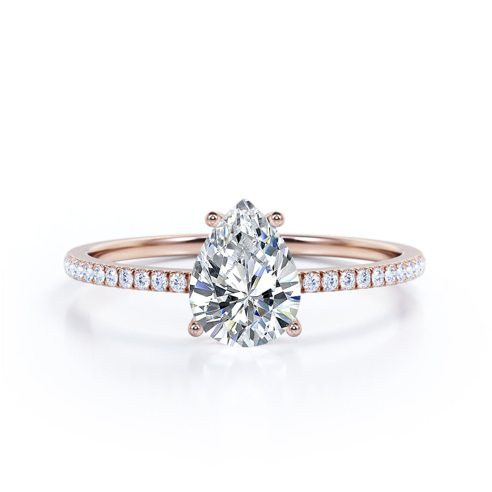Classic Pave 0.7 carat Pear Moissanite and diamond Engagement Ring in White Gold