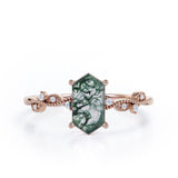 Vintage Wavy Milgrain 0.5 carat Hexagon Moss Green Agate and Diamonds Engagement Ring in Rose Gold