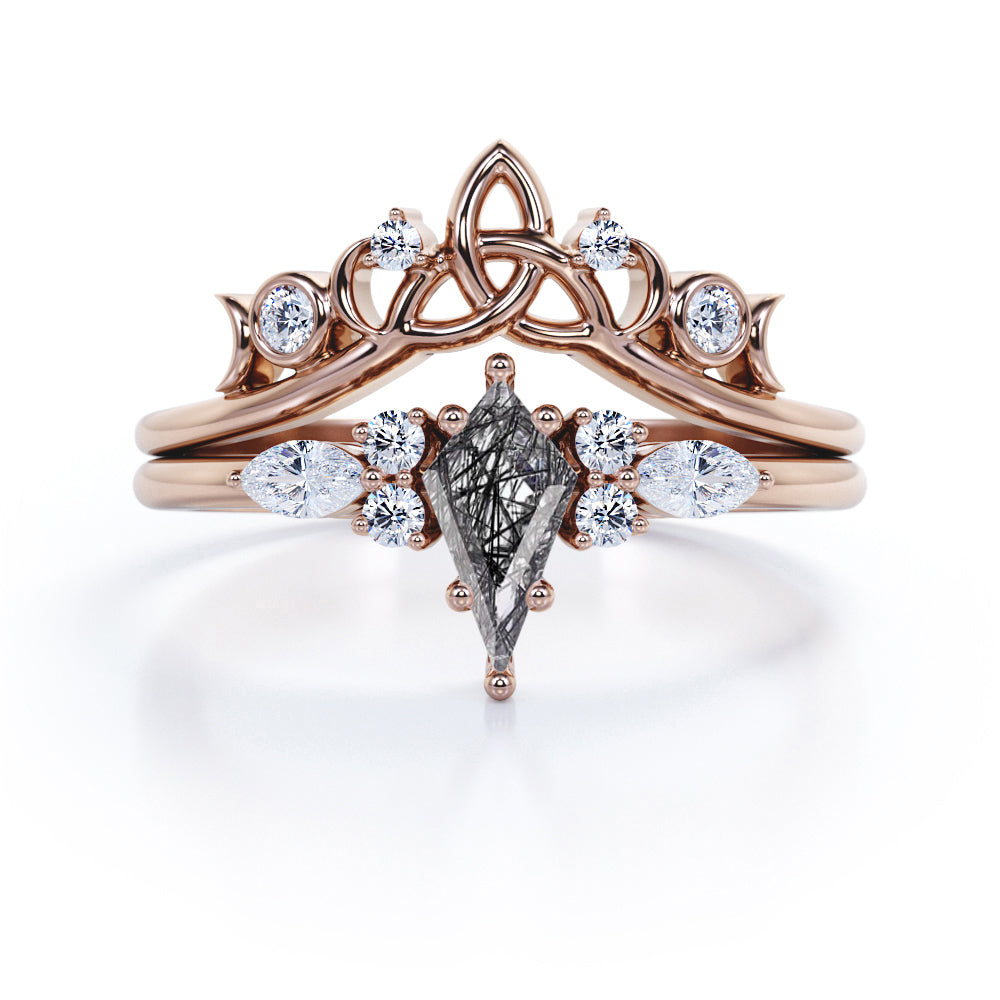 Asymmetric 1.40 Carat Kite Shaped Natural Black Rutilated Quartz And Diamond Seven Stone Tiara Style Wedding Ring Set In White Gold