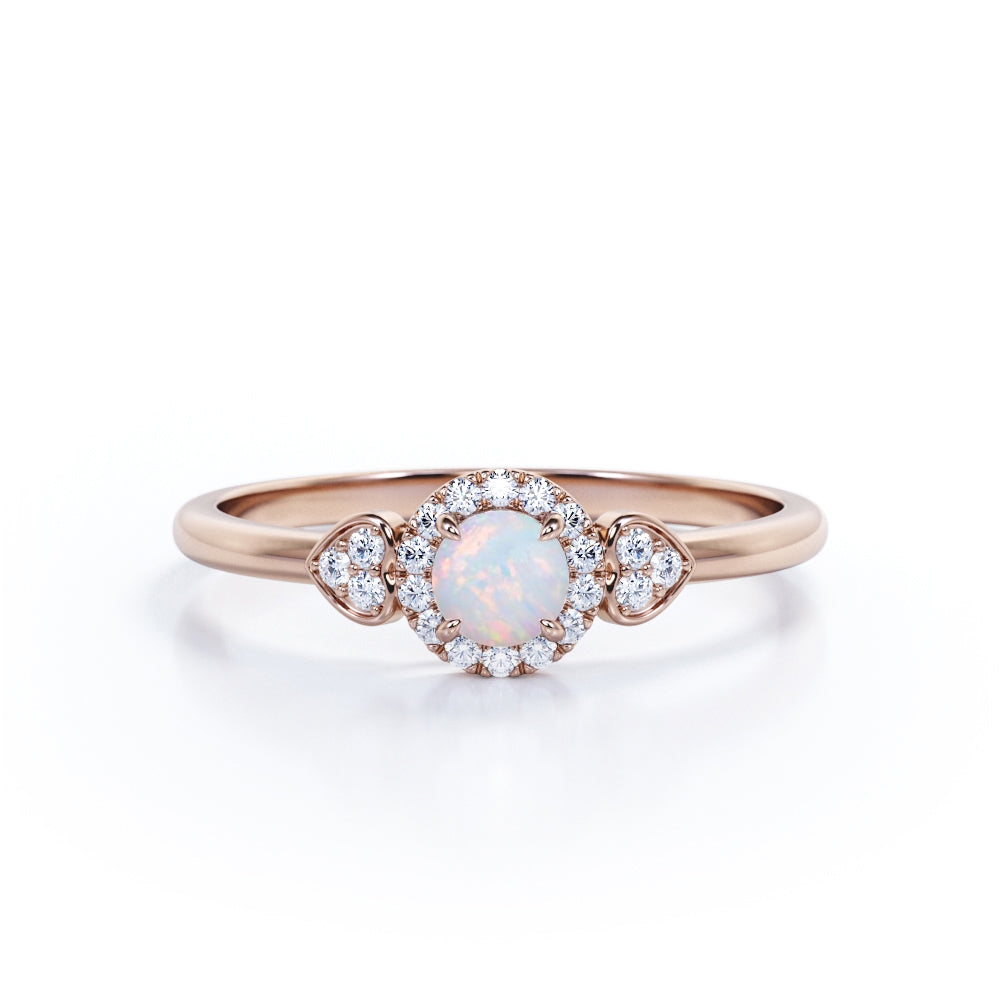 Sharp Four Claws 1.20 Carat Round Cut White Fiery Opal And Diamond Halo Engagement Ring In White Gold