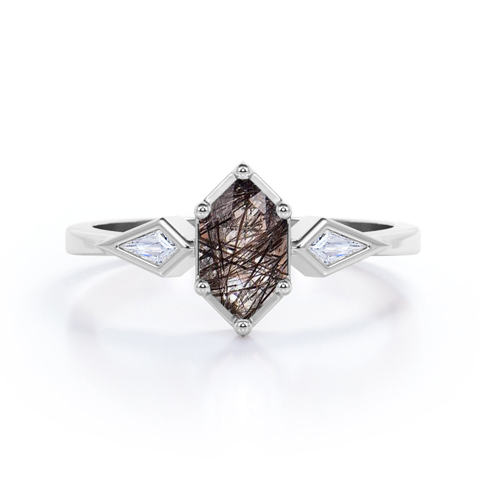 Elongated 1.10 Carat Hexagon Shaped Genuine Black Rutilated Quartz And Diamond Three Stone Trilogy Engagement Ring In Black Gold