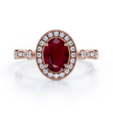Vintage Halo 1.35 Carat Oval Cut  Lab Ruby And Diamond Art Deco Engagement Ring In Rose Gold