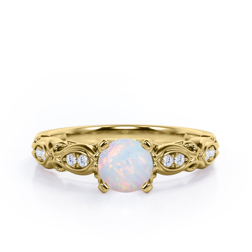 Decorative Basket Prong 0.5 carat Round Opal and Diamond Nature-Inspired Ring in Rose Gold