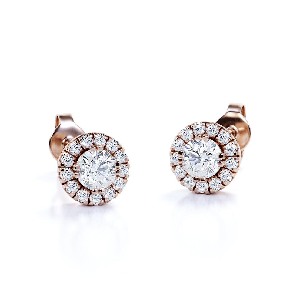 6 Prong Bezel 1.10 Carat Round Cut Certified Moissanite and Diamond Halo Studs - Bridal Earrings