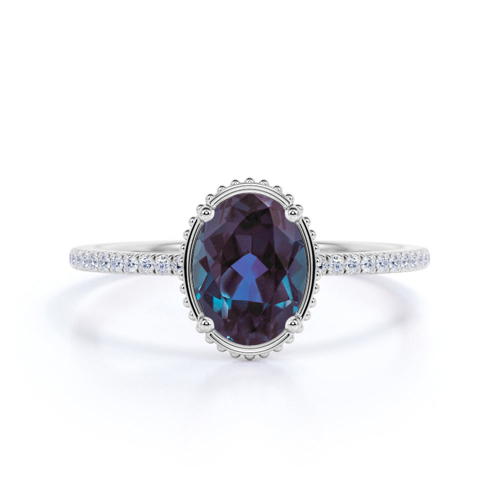 Solitaire Bezel Set 1.25 Carat Oval Cut Simulated Color Changing Alexandrite and Diamond Pave Engagement Ring