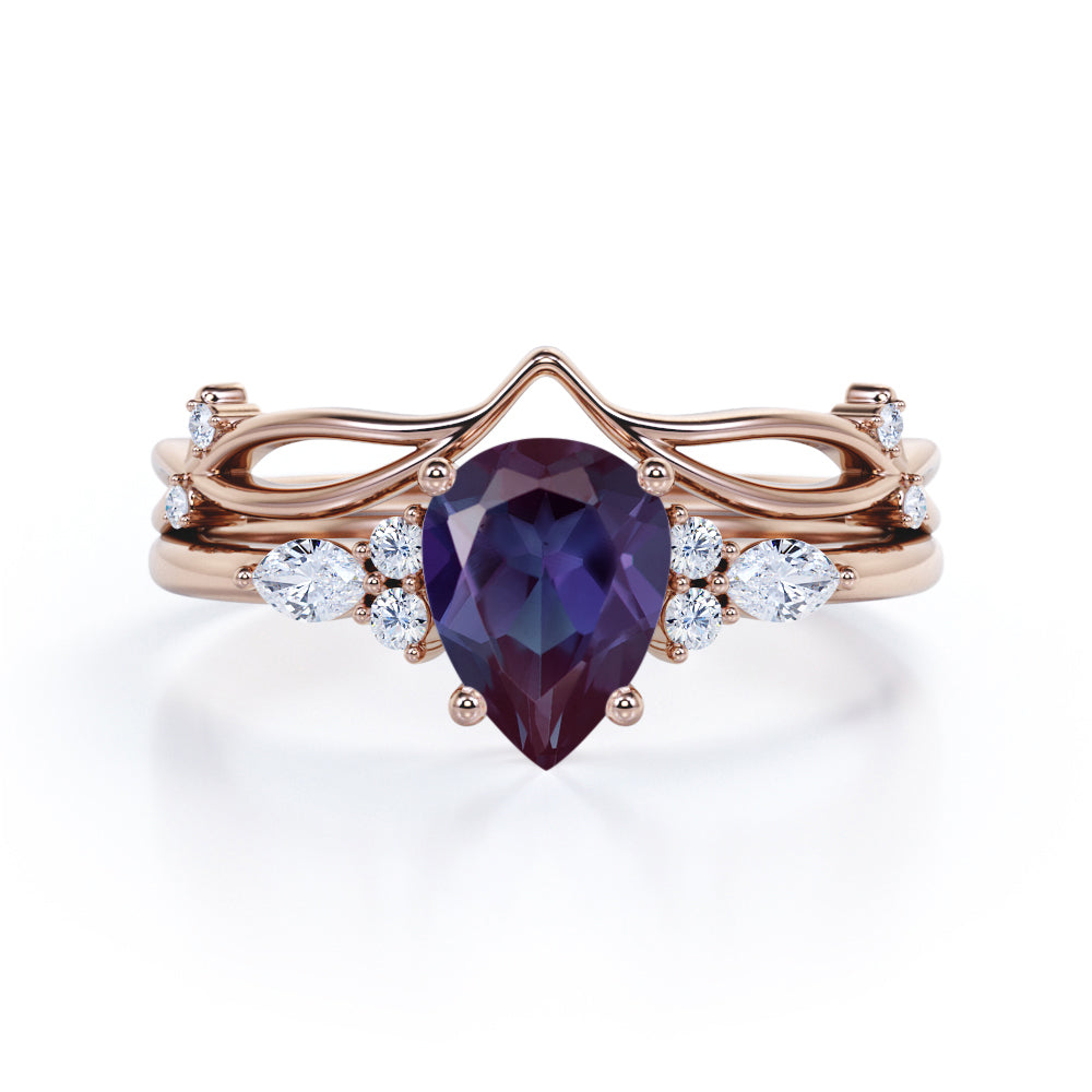 1.40 Ct Tear Drop Lab Alexandrite V Shaped Bridal Set