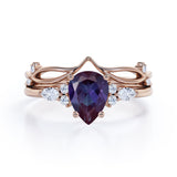 1.40 Ct Tear Drop Lab Alexandrite V Shaped Bridal Set