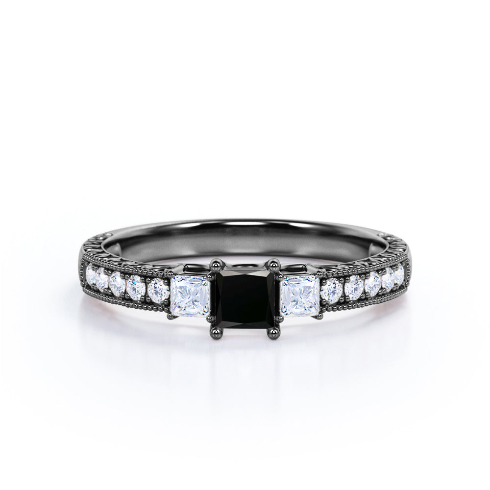 1.25 Carat Princess Cut Lab Grown Black Diamond 3 Stone Engagement Ring In White Gold