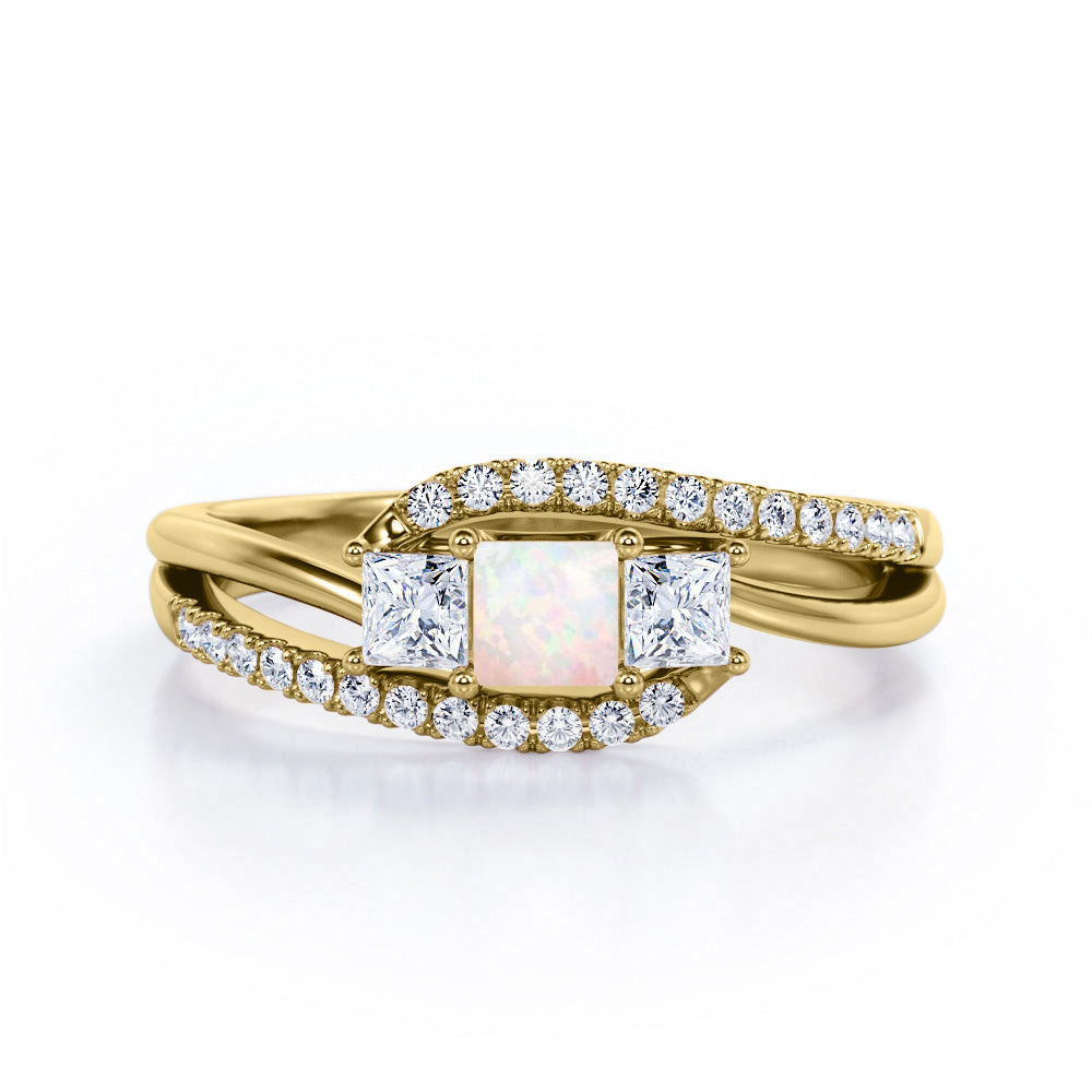 Shared Prongs 1 carat Princess Opal and Moissanite Split Shank Band Engagement Ring in Rose Gold