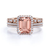 Perfect 2 Carat emerald cut Morganite and Diamond Trio Wedding Ring Set in Rose Gold