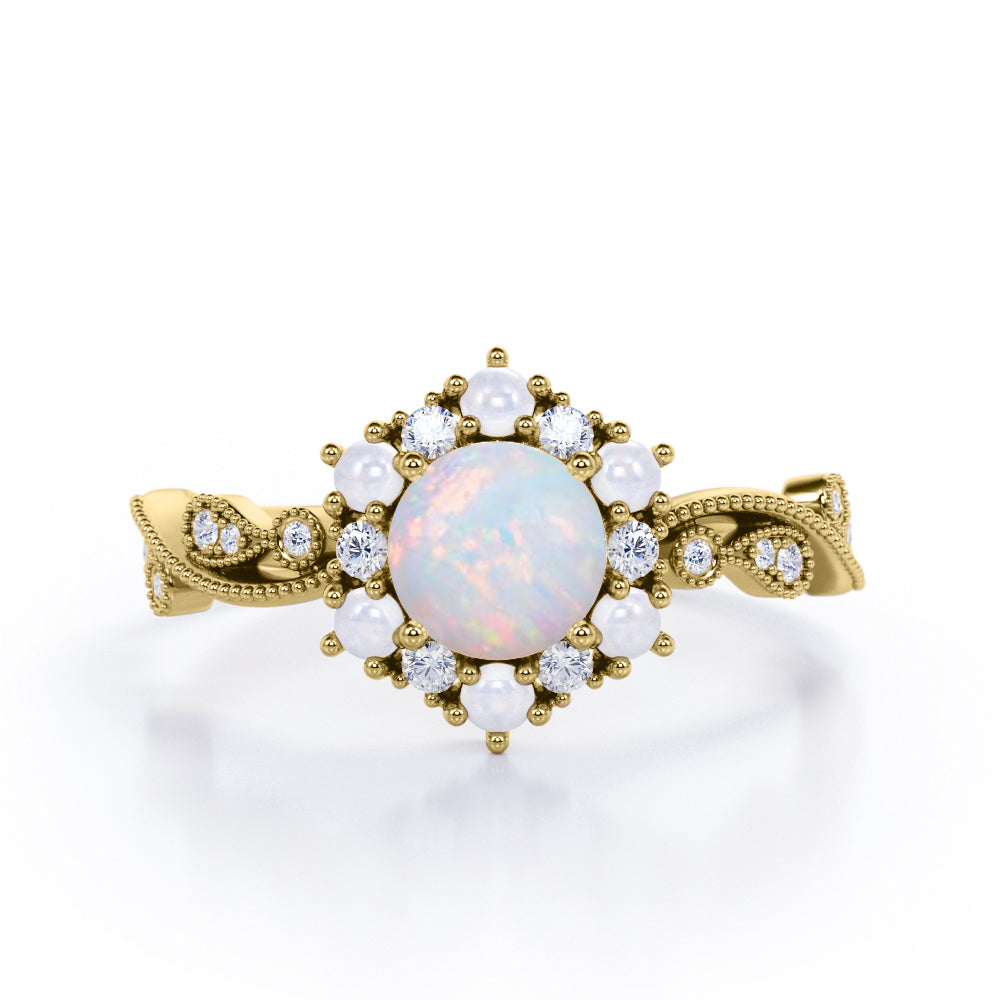 Floral Halo 0.7 carat Round Opal and Diamond Engagement Ring in White Gold