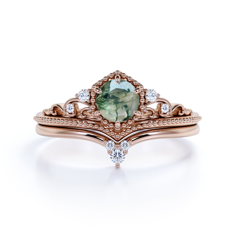 Antique Tiara Design 0.75 Carat Round Cut Transparent Moss Green Agate and Diamond Milgrain Art Deco Wedding Ring Sets in White Gold for Her