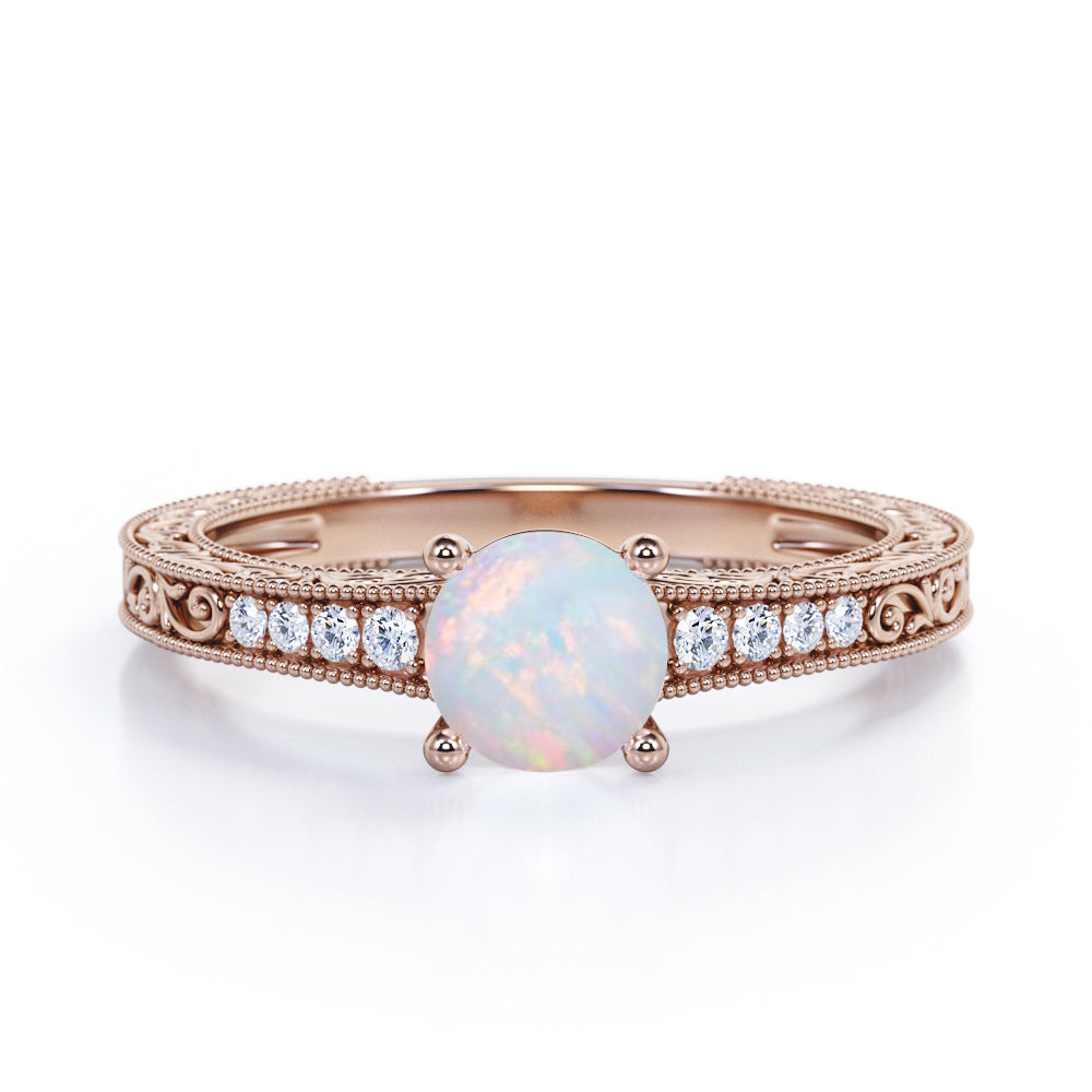 Affordable 4 Prong 1.25 Carat Round Cut Precious Fire Opal And Diamond Art Deco Style Vintage Engagement Ring In White Gold