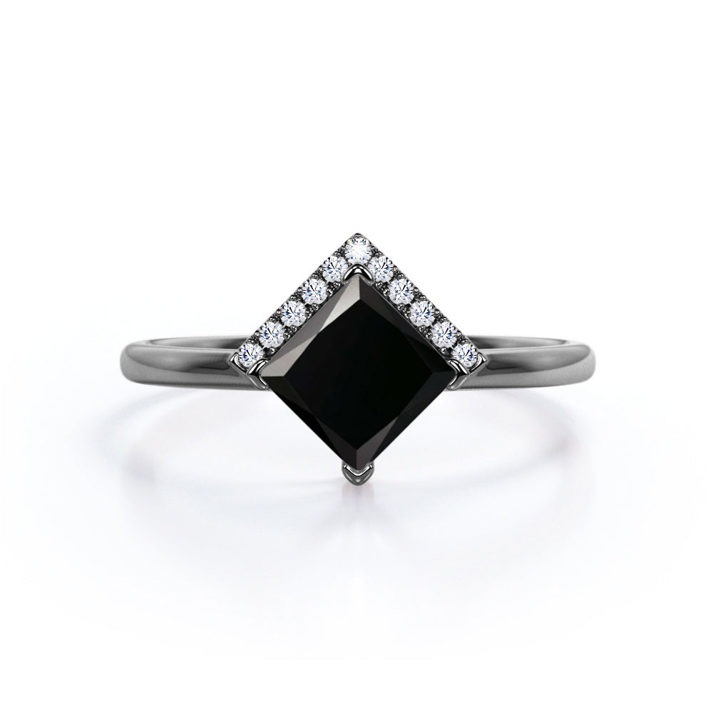 Geometric 1.15 Carat Princess Cut Lab Black Diamond and 2 Stone Contour Engagement Ring in White Gold