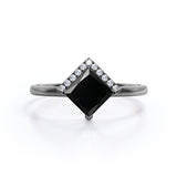 Geometric 1.15 Carat Princess Cut Lab Black Diamond and 2 Stone Contour Engagement Ring in White Gold